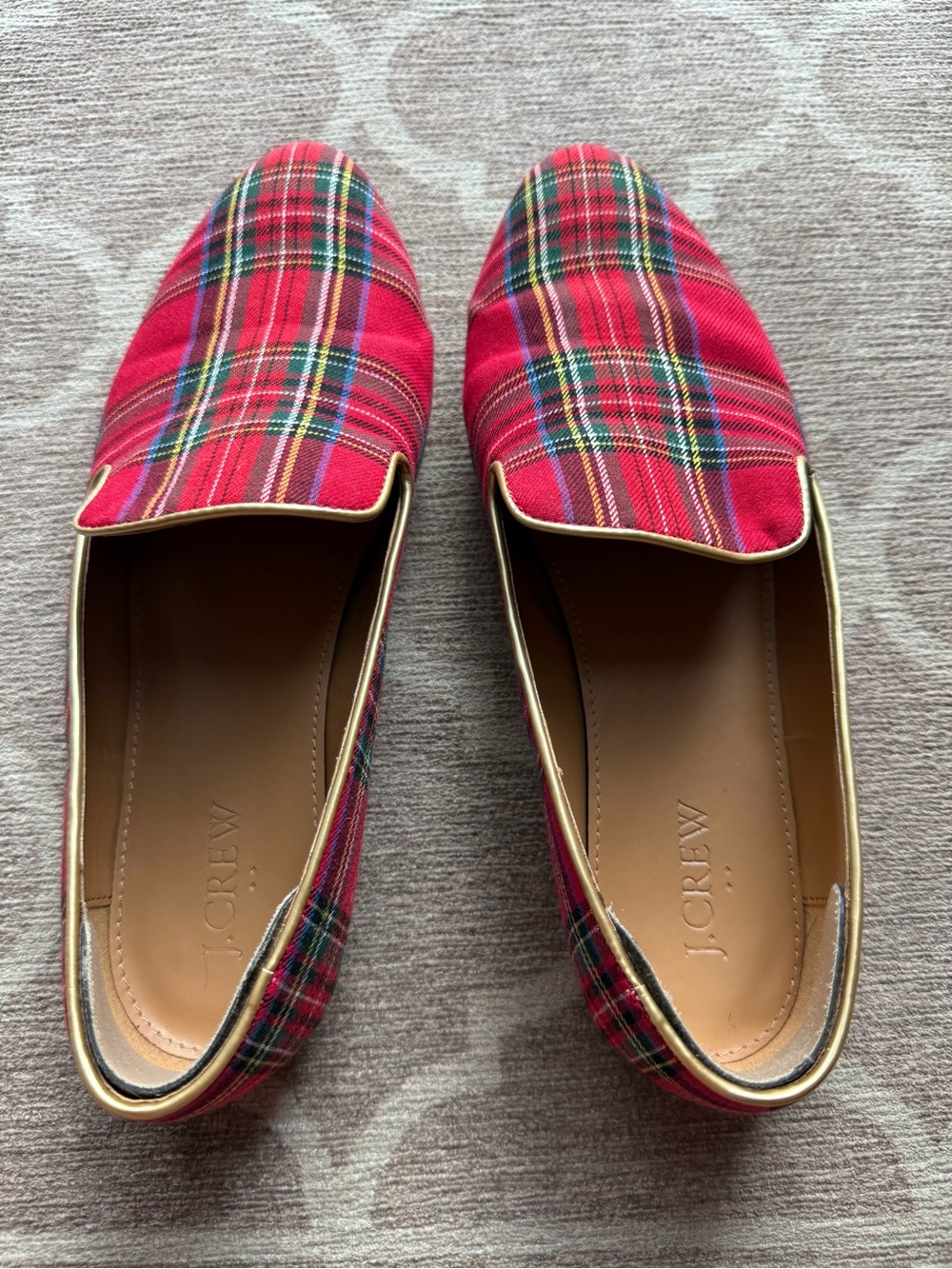 J. Crew Red Tartan Plaid Loafers with Gold Trim